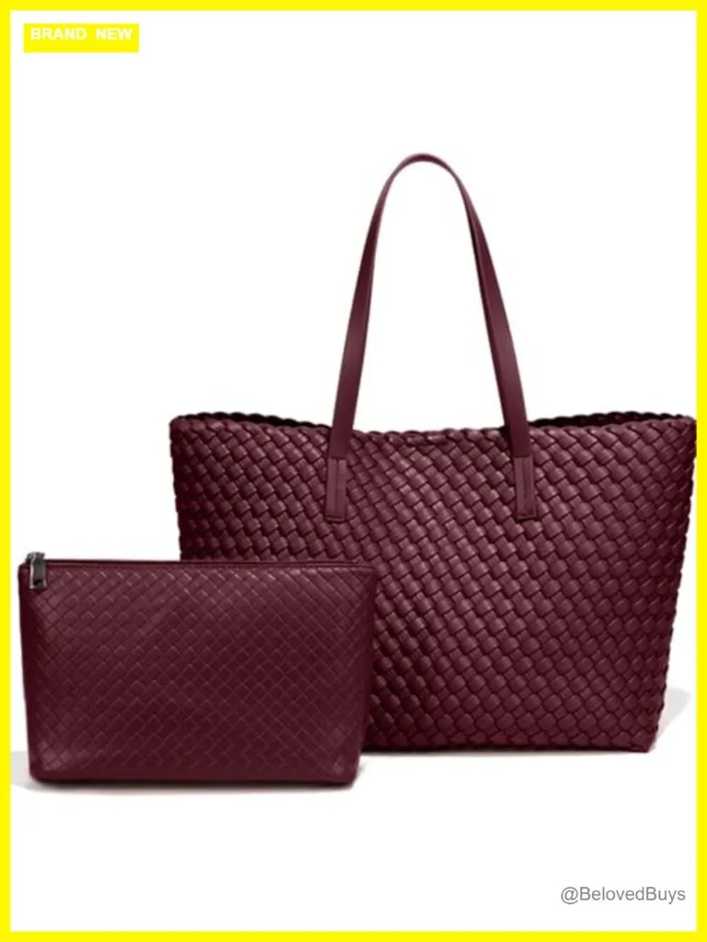 Woven Leather Large Capacity Tote Bag with Matching Pouch